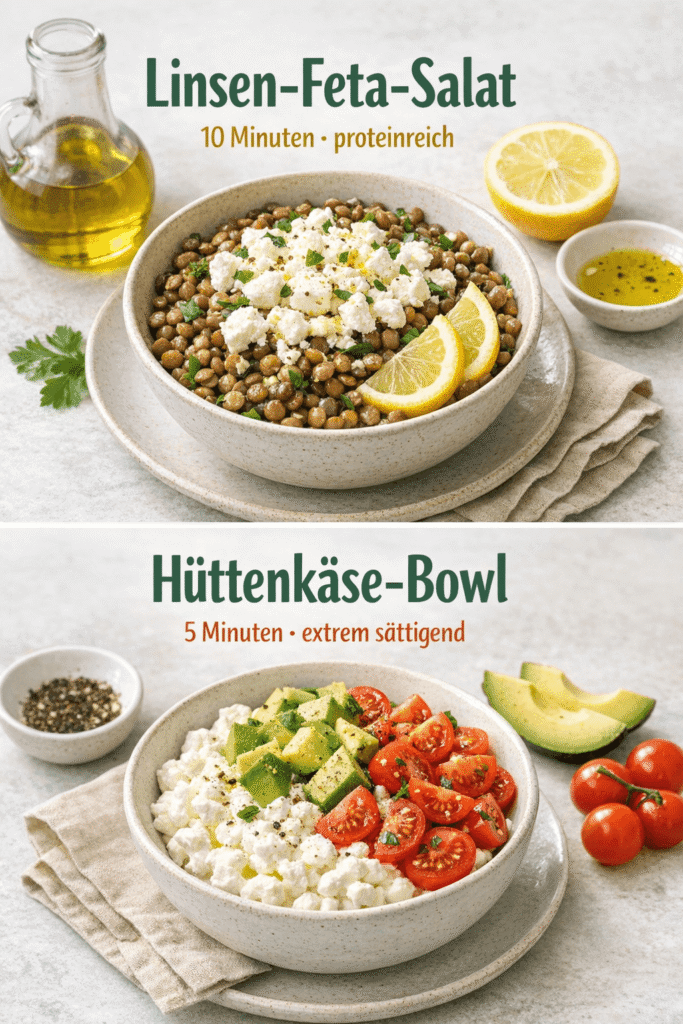 Proteinreiches Mittagessen: Linsen-Feta-Salat und Hüttenkäse Bowl