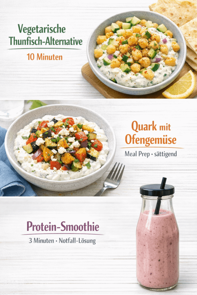 Proteinreiches Mittagessen: Vegetarische Thunfischalternative, Quark mit Ofengemüse, Protein-Smoothie
