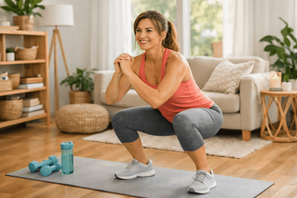 Frau macht Kniebeugen zuhause