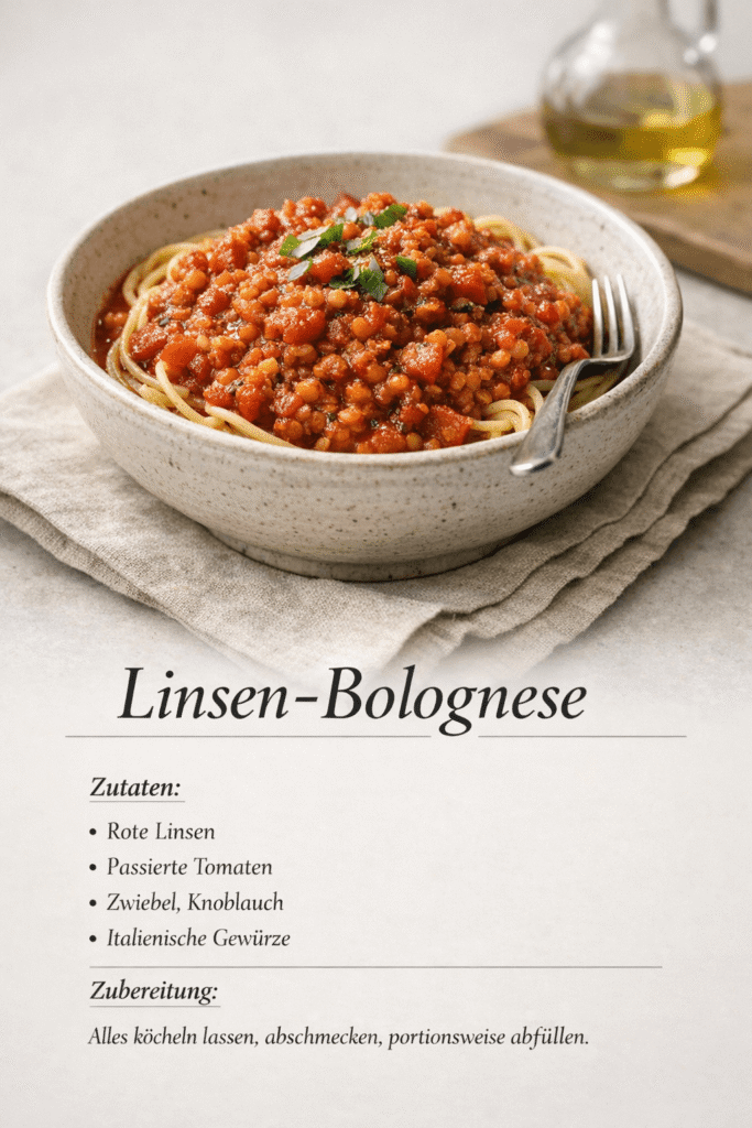 Rezeptkarte Linsen-Bolognese - proteinreiche Mealprep Rezepte