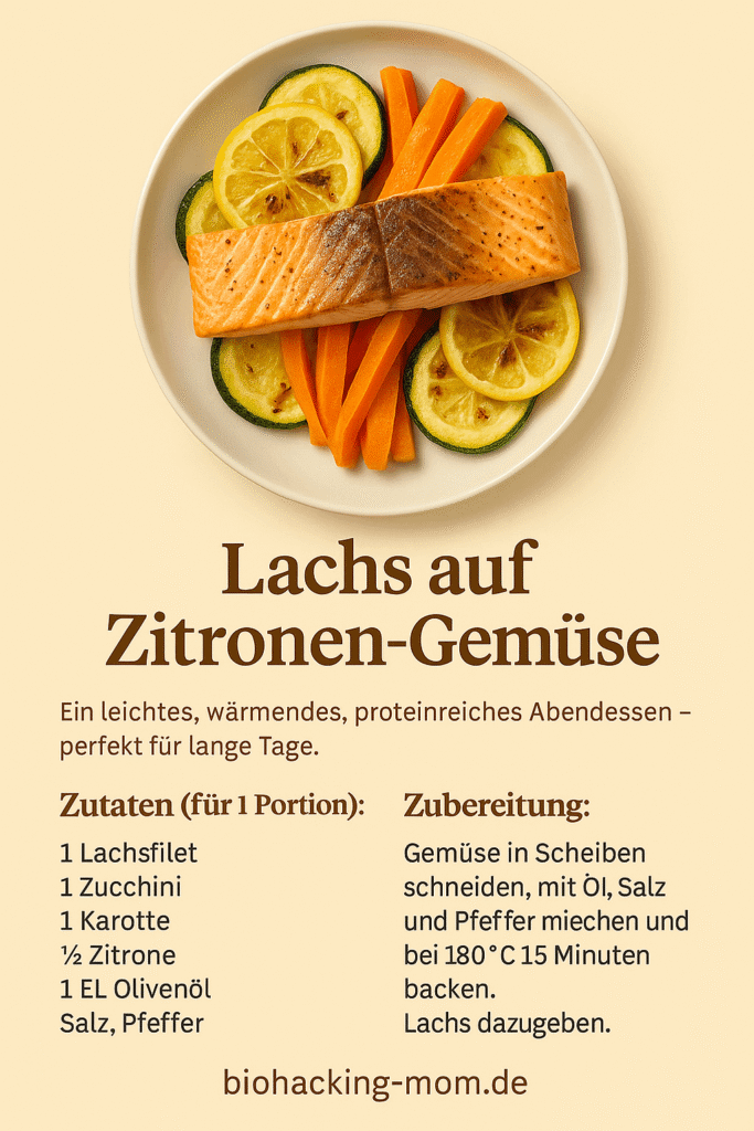 Rezeptkarte Lachs auf Zitronen Gemüse