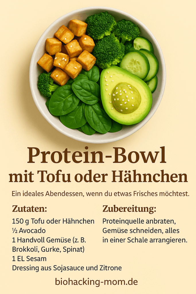 Protein-Bowl Rezeptkarte mit Tofu oder Hähnchen