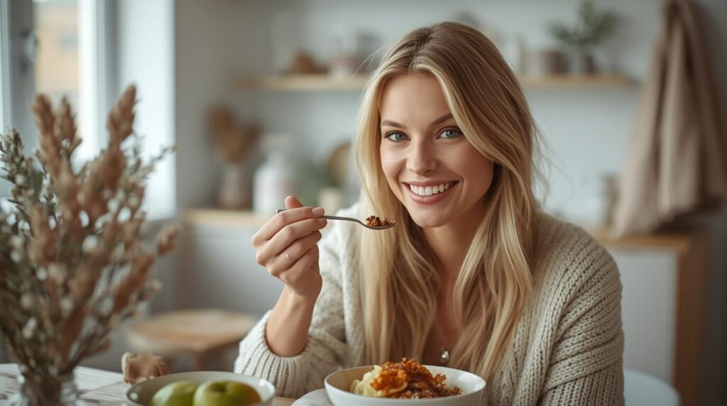 eine hübsche frau isst ein gesundes frühstück
