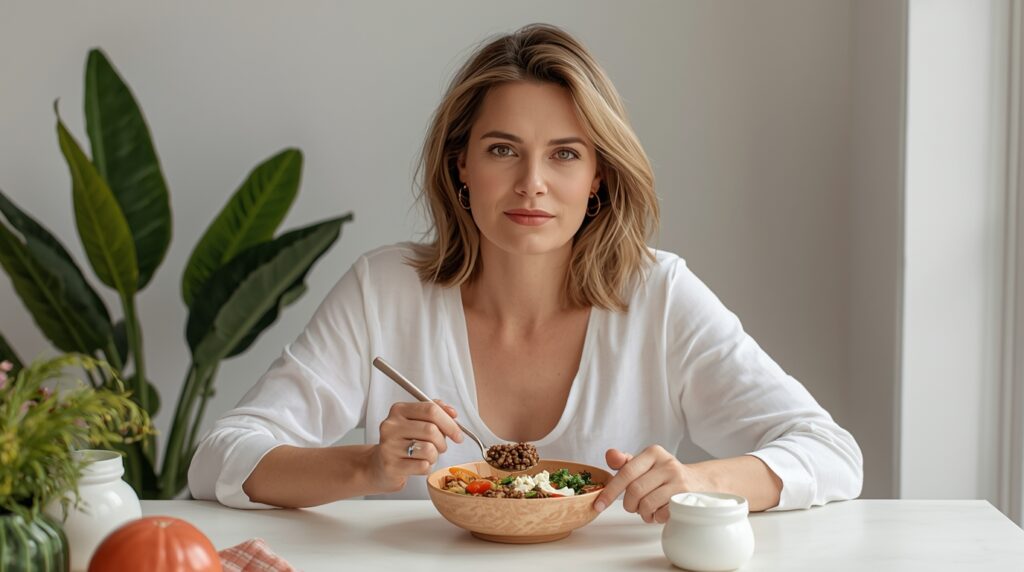 Frau isst vegetarisch, achtet dabei aber auf genügend Protein