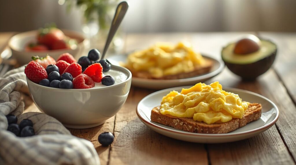 Proteinreiches Frühstück aus Joghurt und Toast mit Rührei