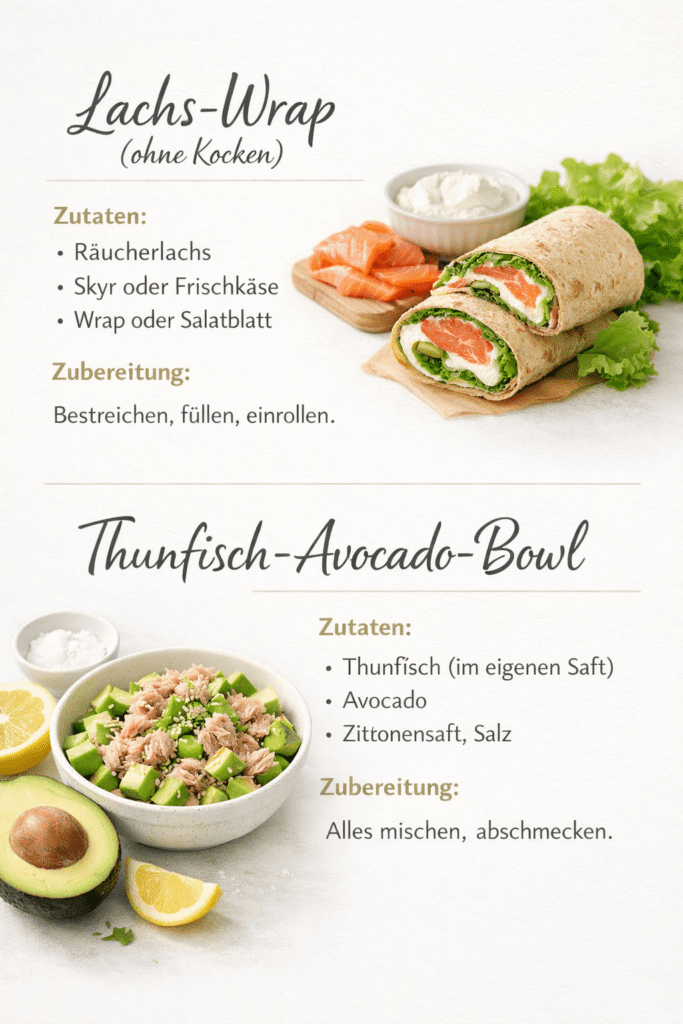 Rezeptkarte Lachs-Wrap und Thunfisch-Avocado-Bowl