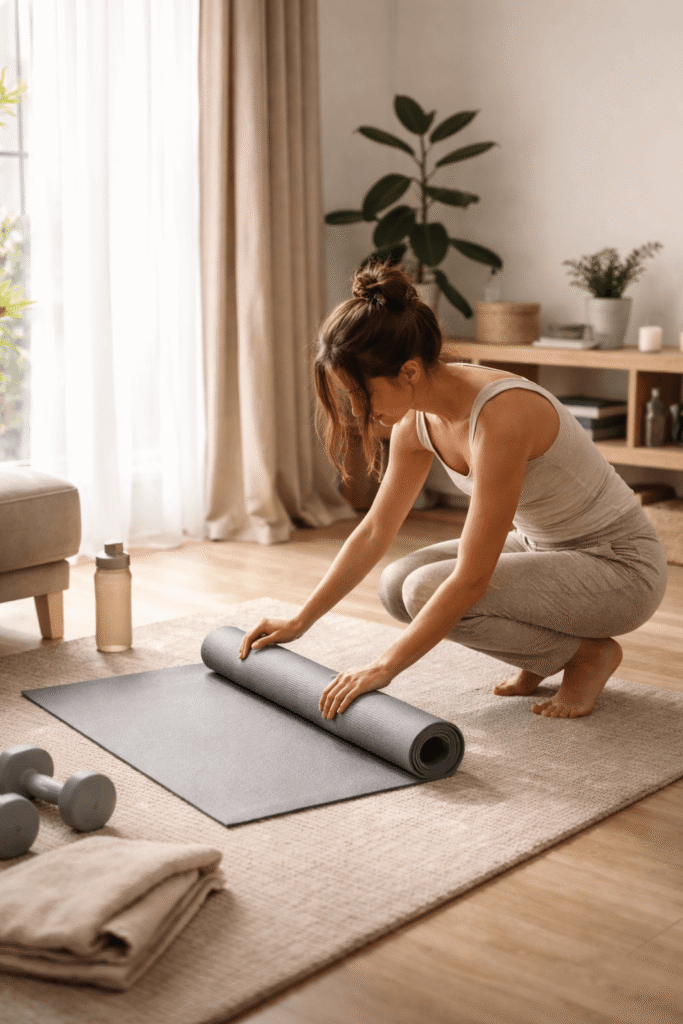 Frau rollt Matte nach Training zuhause zusammen