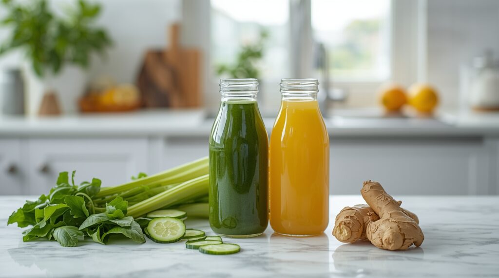 Selleriesaft und Orange-Ingwer-Saft