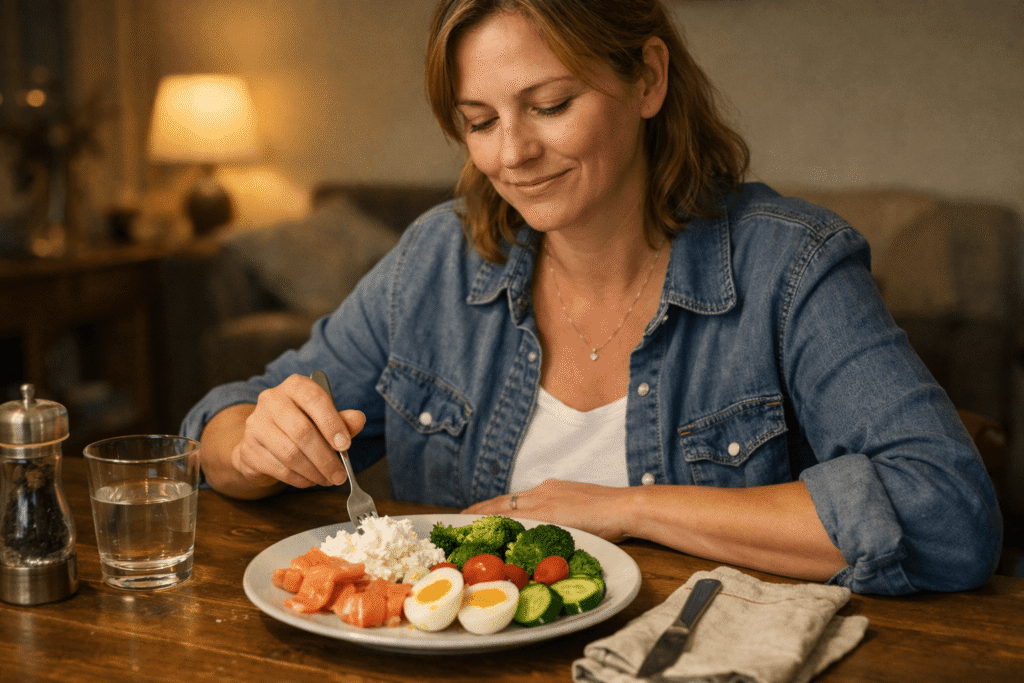 Frau mit schnellem proteinreichen Abendessen