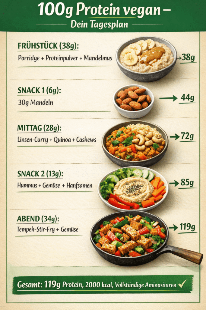 wie man 100g Protein vegan pro Tag essen kann