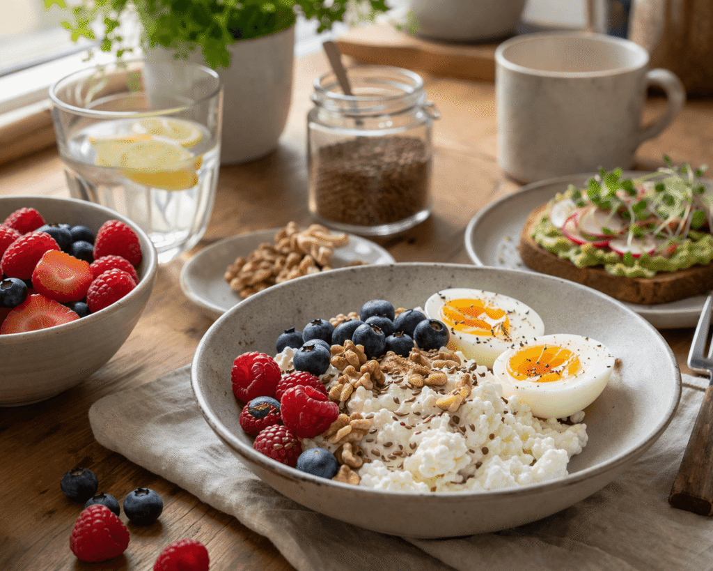 Einladendes Frühstückszene mit Beeren und Ei 