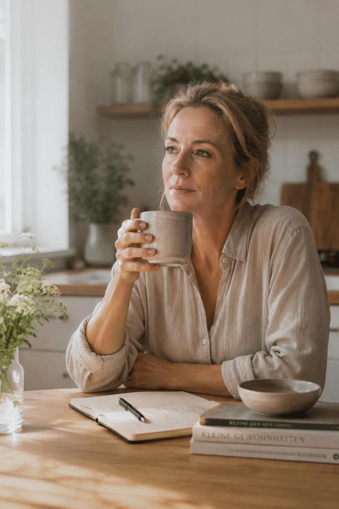 Frau mit Kaffeetasse in Küche