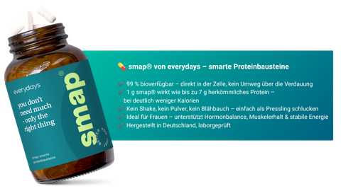 💊 smap® von everydays – smarte Proteinbausteine ✔ 99 % bioverfügbar – direkt in der Zelle, kein Umweg über die Verdauung ✔ 1 g smap® wirkt wie bis zu 7 g herkömmliches Protein – bei deutlich weni